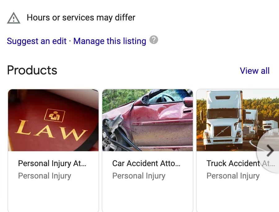 Example of how a personal injury law form leveraged the "Products and Services" feature