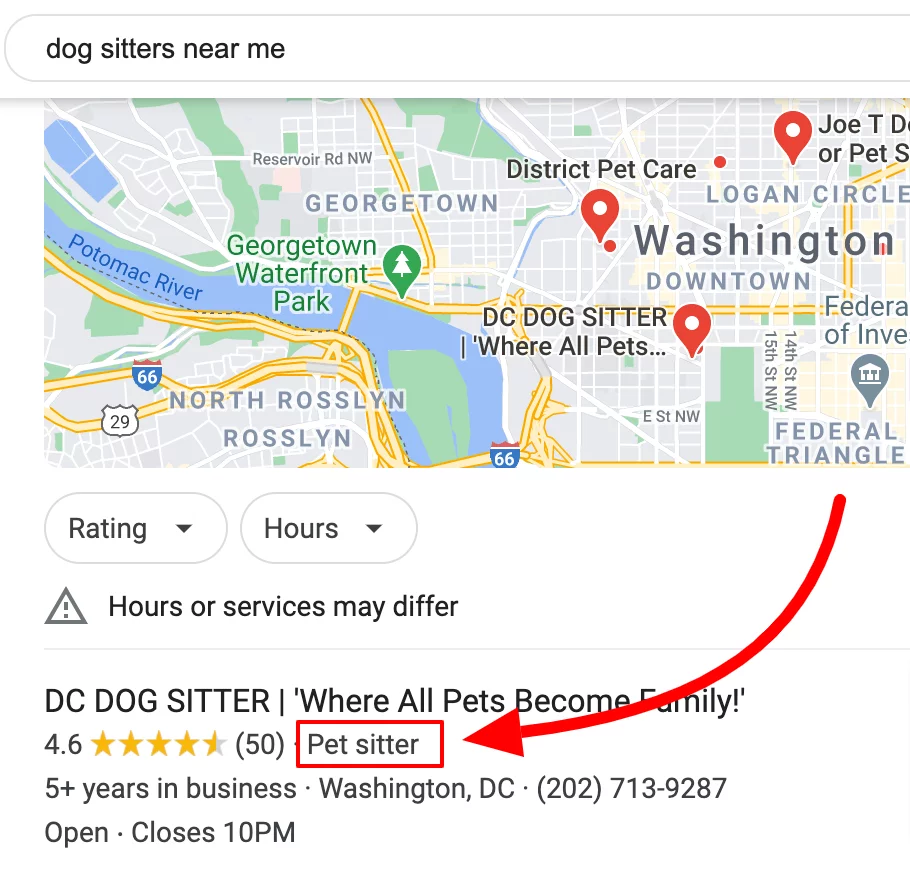 search engine results page for "dig sitters near me" keyword