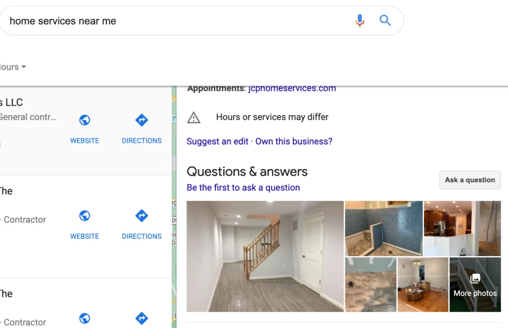 GMB listing for "home services near me" keyword that does a great job showing pictures of projects they've completed.