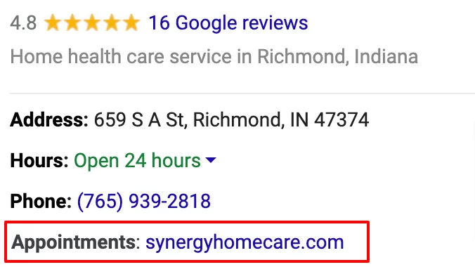 Example of a "book appointment" call-to-action in a Google My Business listing