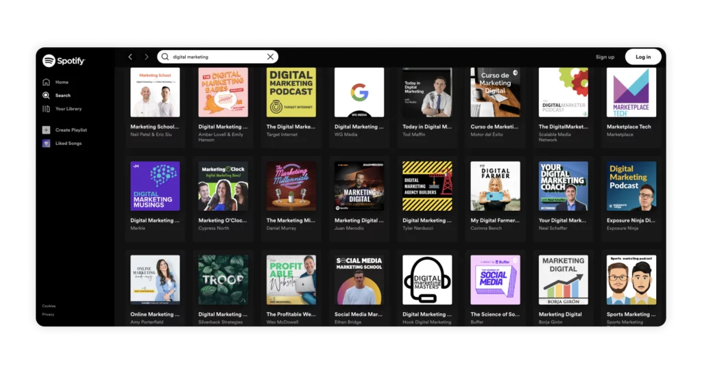 results of using the search bar in Spotify podcasts for the term "digital marketing"